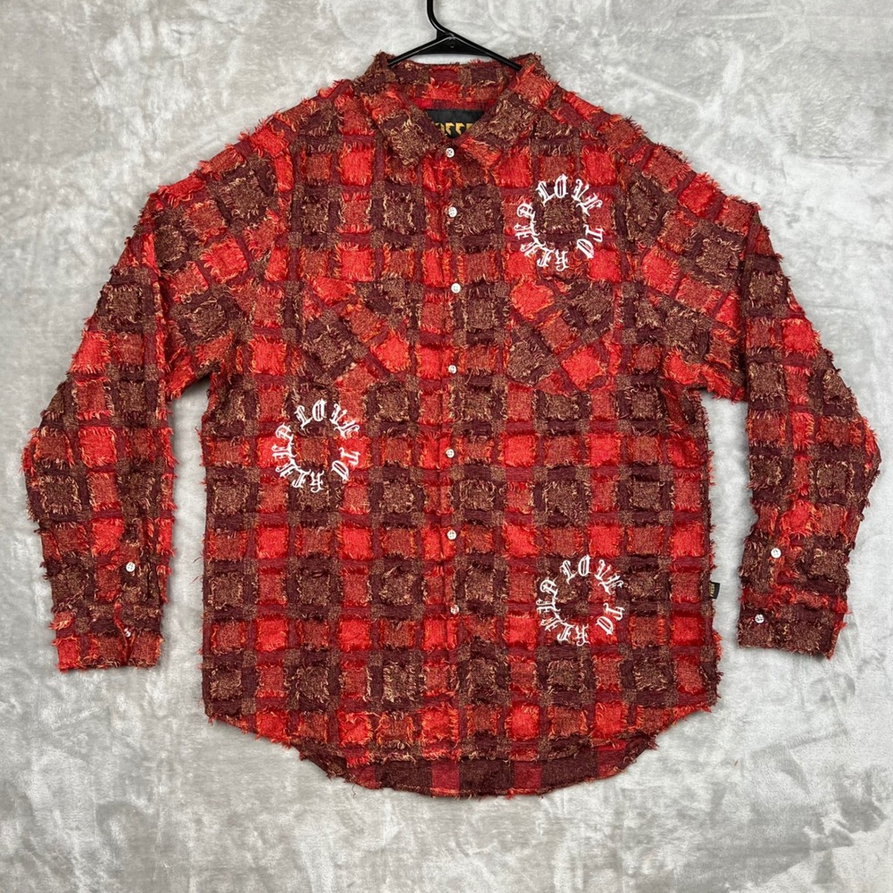 Kleep‎ Love to Hate Button Up Shirt XL Red Brown Plaid Distressed